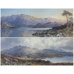 Ebenezer Alfred Warmington (British 1830-1903): Cattle Watering in a Mountainous Lake Landscape, pair watercolours signed '84, 22cm x 50cm (2)