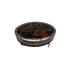 Silver oval dressing table box with tortoiseshell cover and pique decoration, lined interior on shaped supports W11cm Birmingham 1912