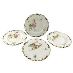 Set of four late Victorian Royal Crown Derby plates each painted with Spring flowers within a moulded blue and gilt border, three with the retailer's mark of Phillip's, London D22cm 1897/8 (4)