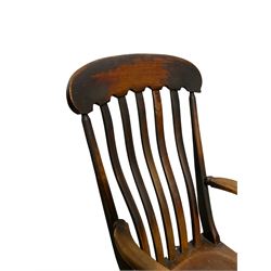 19th century beech and oak farmhouse chair, the shaped cresting rail over slatted back and dished seat, raised on turned supports, united by H stretcher 