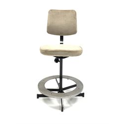 Mid 20th century machinists chair, upholstered angle adjustable back rest and height adjustable seat, over circular footrest, raised on a swivel four point base 