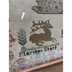 Large 19th century needlework Sampler with animals, birds, verse within a floral border by Martha Sharp, worked in 1846, 67cm square in oak frame 