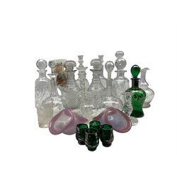 Pair of thistle pressed glass decanters, pair of 19th century hobnail cut mallet form decanters, Waterford crystal candlestick, two Vasart glass baskets, various decanters and other glass 