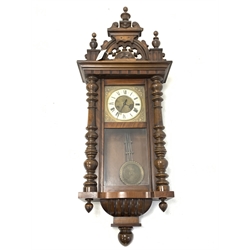 Early 20th century walnut and beech cased Vienna wall clock, with twin spring movement, H115cm