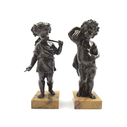 Pair of bronze figures of children, each as a standing figure holding a wheatsheaf, and the other holding a scythe, raised on sienna marble square bases, H22cm