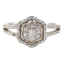 18ct white gold baguette and round brilliant cut diamond flower head cluster ring, with split diamond set shoulders, hallmarked