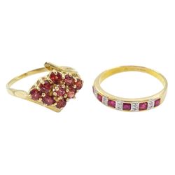 Gold Mozambique garnet ring and a gold ruby and diamond ring, both hallmarked 9ct