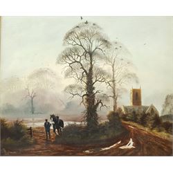 Royce Harmer (British 20th century): Leading a Horse down a Country Lane to a Church, oil on canvas signed 49cm x 50cm