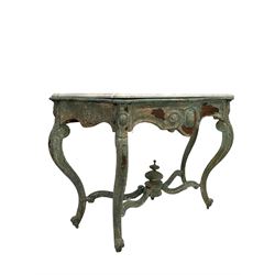 20th century French hardwood console table of serpentine outline, moulded white variegated marble top over frieze with shaped apron raised on scrolled cabriole supports united by stretchers, finished in blue and oxide crusty paint, W130cm, H92cm, D52cm