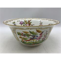 19th century Samson bowl decorated with panels of exotic birds and with gold anchor mark D28cm, and an oval moulded bowl with masks and flowers and crossed swords mark L15cm 