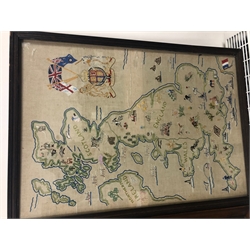 Early 20th century needlework picture titled 'A Good Kind' by J. C Walker 1923 73cm x 53cm and a vintage needlework map, both framed (2)