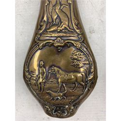Dixon & Sons Patent copper and brass mounted powder flask with embossed panel of a hunter and gundog, a similar flask embossed with Pheasants, another with Gamebirds in a woodland setting and with three others decorated with Hunting scenes, three lacking nozzles, L20cm max (6) 