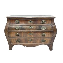 19th century Dutch mahogany and walnut Bombe chest, cross banded serpentine top over four drawers, raised on bracket supports W104cm, D58cm, H75cm