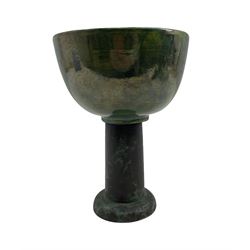 Peter Moss (British 1940-): 'Chalice' green glazed bowl on patinated bronze stem c2010, labelled PMSZ H23cm 