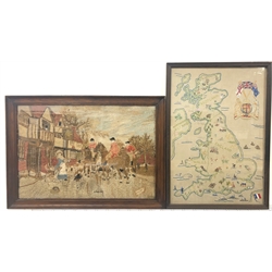 Early 20th century needlework picture titled 'A Good Kind' by J. C Walker 1923 73cm x 53cm and a vintage needlework map, both framed (2)