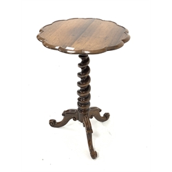 Victorian rosewood pedestal occasional table with lobed circular top. Raised on spiral turned column and scroll calved triple splay supports. D50cm, H72cm