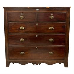 19th century mahogany straight-front chest, rectangular top, the front with crossbanding, fitted with two short and three long cockbeaded drawers with brass handles and escutcheons, on bracket feet