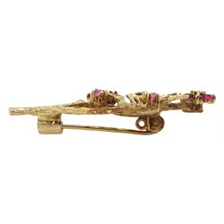 9ct gold ruby and diamond flower brooch, hallmarked