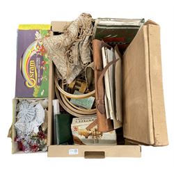 Early 20th century sewing accessories including various embroidery hoops, thimbles, thread etc, leather satchel, books, ephemera, Christmas decorations etc in one box