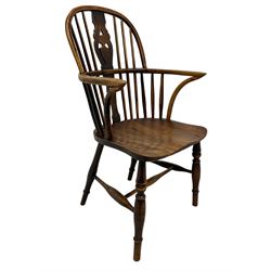 19th century elm Windsor chair, double hoop stick back with pierced splat, dished seat raised on turned supports joined by swell turned H-stretcher