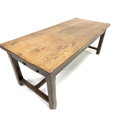 19th century style French oak farmhouse table, rectangular over drawer to each end, raised on square chamfered supports united by stretcher, fully pegged construction, 200cm x 88cm, H78cm