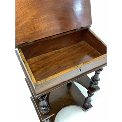 Victorian figured walnut and boxwood strung davenport, three quarter chased brass galleried top with correspondence compartment over sloped front with inset tooled skiver writing surface lifting to reveal storage well, two shaped tiers under, raised on turned supports 
