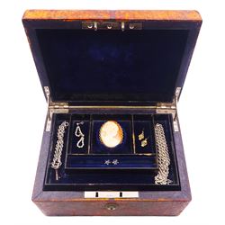 9ct gold cameo brooch, hallmarked, pair of 9ct gold stud earrings, silver rope necklace, pair of earrings and bracelet and a pair of silver sapphire stud earrings, in velvet lined jewellery box