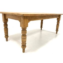 Victorian style pine farmhouse dining table, rectangular top raised on turned supports 90cm x 189cm, H73cm