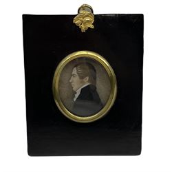 Early 19th century miniature oval portrait on ivory, head and shoulders of a gentleman, inscribed verso 'Taken July 1818 aged 25' 6cm x 5.5cm in ebonised frame