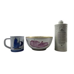 Royal Copenhagen ceramics comprising a large Jubilee Bowl, 10th year anniversary of Queen Margrethe 1972-1982 D24cm, large commemorative mug for the Royal Danish Yacht Club no. 3135 designed by Nils Thorsson and 'The Famous Round Tower' cigar box (3)