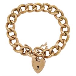 Early 20th century 9ct rose gold textured and polished link bracelet, with heart locket clasp, each link stamped