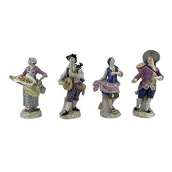 Set of thirteen Meissen 'Cris de Paris' after the models by Peter Reinicke of 1753-1754 based on drawings by Christophe Huet, depicting The Poultry Seller (60222), Peasant girl feeding chicks (60245), Lottery Seller (60236), Oboe Player (60246), Hawker with violin and song books (60238), Savoyarde with Child (60247), Pastry Maker (60220), The Night Watchman (60232), Cook (60230), Lemon Seller (61163), Gardener's Child: Boy With Shepherd Stick (model 60338), The Orange Seller (60237), The Waiter (60234), together with The Lute Player (60037), H15cm max (14) Provenance: From the Estate of the late Dowager Lady St Oswald
