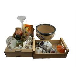 Glazed earthenware jardinere H26cm, vintage light shades, large wrythen glass candlestick, tea ware etc in two boxes
