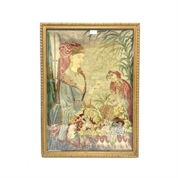 Victorian framed woolwork of a a lady feeding a parrot, within glazed gilt frame, 55cm x 75cm