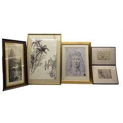 Giovanni Bacco, print after Leonardo 48cm x 33cm with two other sketches, a Chinese ink painting and a print (5)
