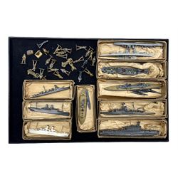 Collection of eighteen Tremo cast metal waterline ship models including H.M.S. York, Coventry, Trento, Hospital ship etc and some painted lead soldiers