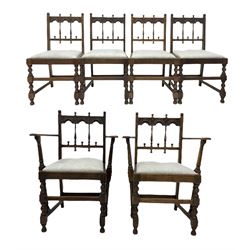 Set six (4+2) Ercol 'Cloister' dining chair, drop in seat pads, raised on turned and block supports 