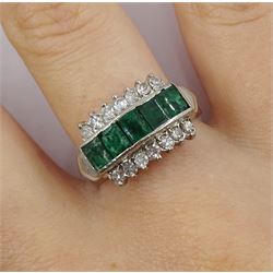 14ct white gold emerald and diamond three row ring, five channel set baguette cut emeralds, with a row of round brilliant cut diamonds either side, stamped 585