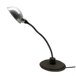 Mid 20th century industrial desk lamp with adjustable gooseneck stem with aluminium bowl shade and circular cast metal base, H71cm max 