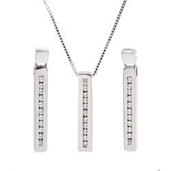 9ct white gold channel set cubic zirconia pendant necklace and a matching pair of pendant stud earrings, all hallmarked, boxed