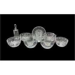 Polish crystal to include a cylindrical glass decanter with stylized design, set of four cut glass bowls with floral engraved decoration, pair of jugs, pair of bowls etc 