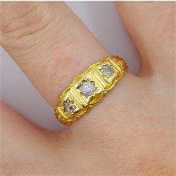 Victorian 18ct gold gypsy set three stone old cut diamond ring, Birmingham 1899