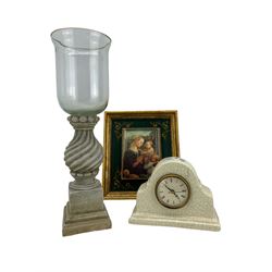Classical style candleholder, crackle glaze mantle clock and printed portrait on panel After Filippo Lippi (1406-1469) Madonna and Child with Two Angels, by Bottega Artigiana Tifernate, with original labels (3)