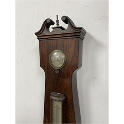Victorian mercury syphon tube hall barometer c1870 in a rosewood case with a 12” register, makers plaque inscribed “T H Doublet, 6 Moorgate Street, Bank manufactory, 7 City Road”
Angular case with a swan’s neck pediment and flat base, incorporating a hygrometer, bowfronted Fahrenheit spirit thermometer, level bubble and recording button, engraved silvered register recording barometric air pressure from 28 to 31 inches with weather predictions, with a steel indicating hand and brass recording hand within a cast brass bezel and convex glass.

T.H. Doublet were manufacturer of spectacles, barometers, thermometers,      Philosophical Instruments and photographic equipment; 1849-1900, based at 7 City Road, London (1853-68) 6-7 Moorgate Street, London (1861-78) and 11 Moorgate Street, London (1878-1900).


