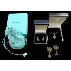 Tiffany & Co silver blue enamel double heart tag pendant necklace, boxed, gold opal triplet pendant necklace, similar pair of screw back earrings, both 9ct and a pair of enamelled clip on earrings