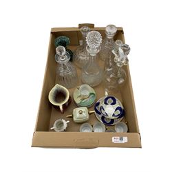 Edwardian and later glass decanters, Japanese part coffee set etc in one box