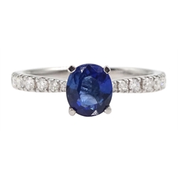18ct white gold oval Ceylon sapphire ring, with diamond set shoulders, hallmarked, sapphire approx 0.90 carat