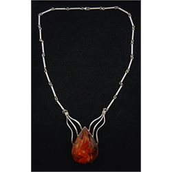 Silver pear shaped Baltic amber necklace