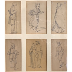 Henri Griset series of six pencil drawings of 19th Century figures, larger 13cm x 8cm, in one frame. Reputed to be taken from an album belonging to the artist's descendants 