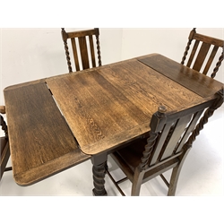Early 20th century oak duo drawer leaf dining table, raised on spiral turned and block supports, (152cm x 91cm, H75cm extended) and a matching set of four (3+1) oak dining chairs, with spiral turned supports and drop in seat pads, W55cm